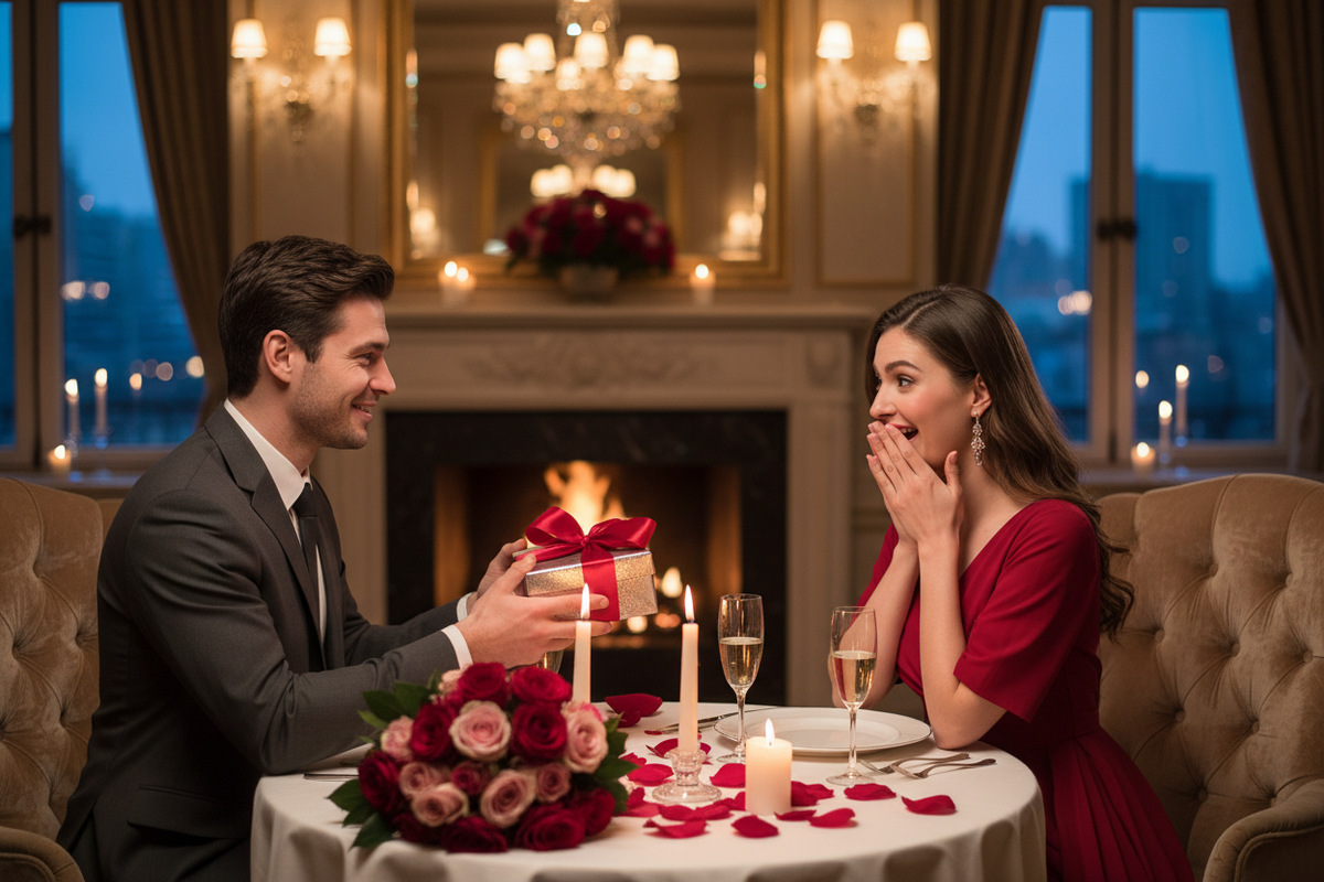 A couple celebrating Valentine's Day, and the husband is giving a gift to his wife.